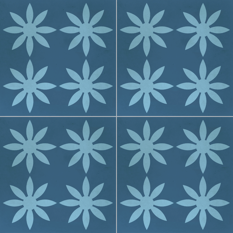 8x8 cement tile flower pattern in 2 shades of blue